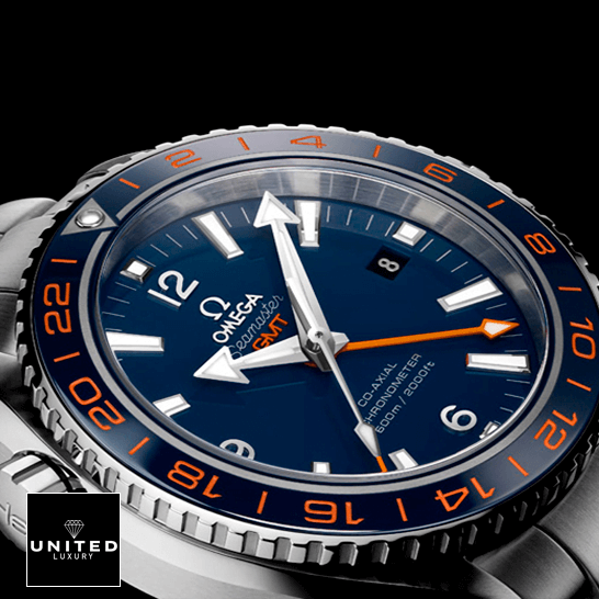 Omega Seamaster Planet Ocean 232.30.44.22.03.001 Precision Replica Edition omega seamaster planet ocean steel 232 30 44 22 03 001 blue dial left side Omega Seamaster GMT Blue Dial Orange Bezel Replica black background
