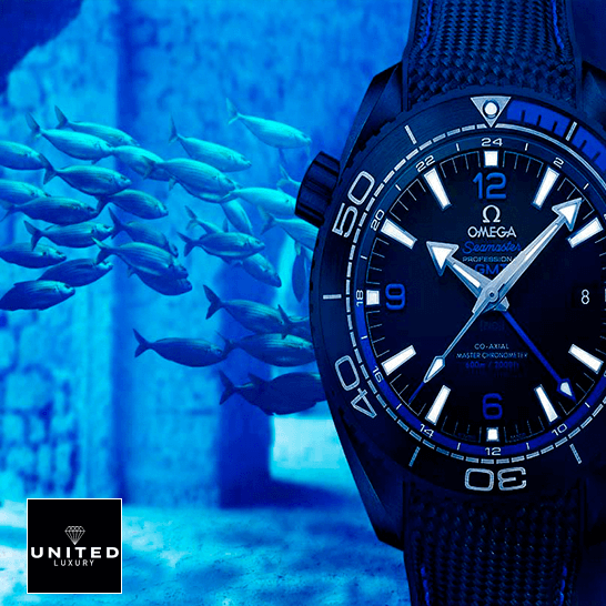 Omega Seamaster Planet Ocean Blue Ceramic Ref. 232.30.42.21.03.001 Ultra Clone 1:1 omega seamaster planet ocean ceramic 215 92 46 22 01 002 black dial replica front two Omega Seamaster GMT Planet Ocean Black Dial Replica ocean background
