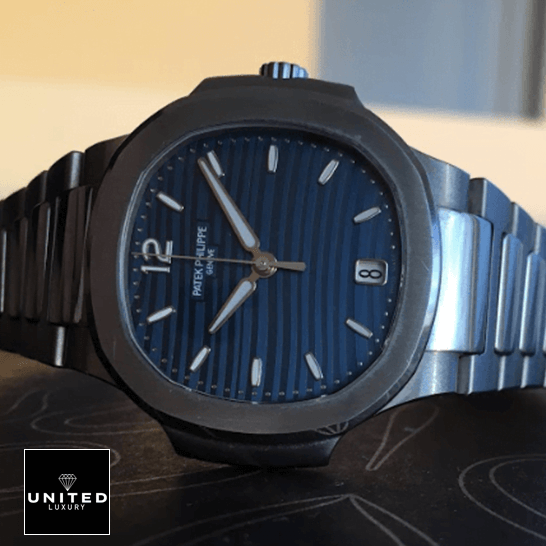 Patek Philippe Nautilus 7118/1A Ladies Perfect Duplicate 1:1 patekphilippe nautilus 71181A 001 replica TILTEDLEFT Patek Philippe Nautilus 71181A-001 Blue Dial Replica side view