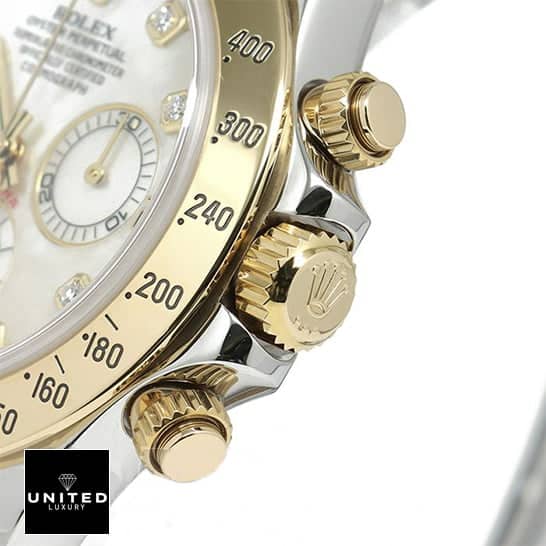 Rolex Daytona Two-Tone 116523 "White Dial" Authentic Super Replica rolex 116523 white dial replica 6 Rolex Daytona 116523 Replica Yellow Gold Button & Crown Pusher