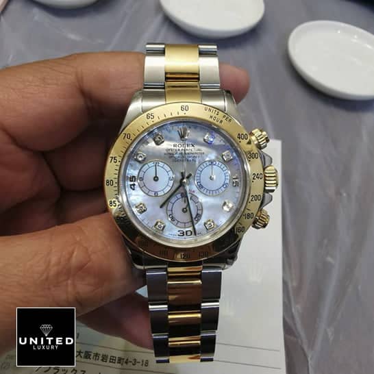 Rolex Daytona Two-Tone 116523 "White Dial" Authentic Super Replica rolex 116523 white dial replica 4 Rolex Daytona Two Tone Bracelet 116523 Replica on the wrist