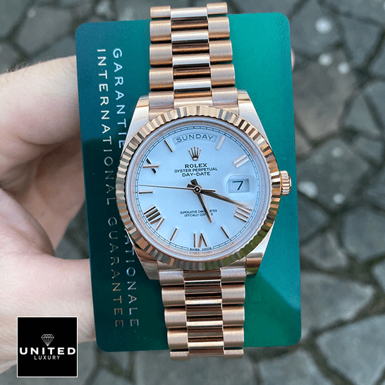 Rolex Day-Date President Rose Gold Roman Dial 118235F-0024 Ultra Fine Replica rolex day date 118235f 0024 replica front Rolex Day-Date President 118235f-0024 Replica & Guarentee Card