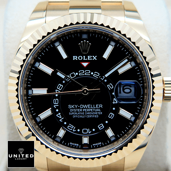 Rolex Sky-Dweller Black Dial Yellow Gold Fluted Bezel 326938-0004 Replica