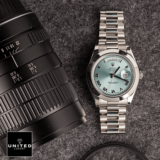 Rolex Datejust 126300 "Roman Numerals" Handcrafted Clone Quality Rolex Day-Date II Stainless Steel Ice Blue Roman Dial 218206 Replica photo shoot
