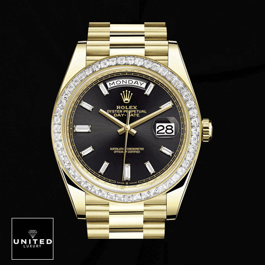 Rolex Day-Date Super Clone 228398TBR | United?Luxury?Shop rolex day date 228398TBR 0001 KW yellow gold diamonds black dial oyster replica front 1 Rolex Day-Date 40 228238-0007 Replica black dial with diamonds
