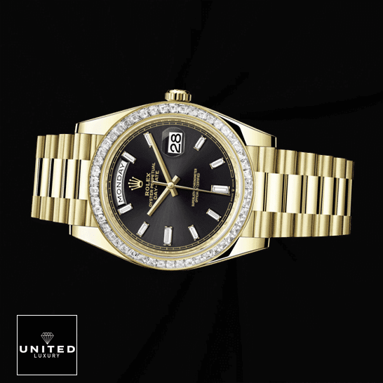 Rolex Day-Date Super Clone 228398TBR | United?Luxury?Shop rolex day date 228398TBR 0001 KW yellow gold diamonds black dial oyster replica front left side 1 Rolex Day-Date 40 228238-0007 Gem-Set Bezel Replica