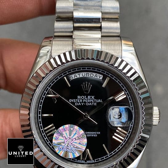 Rolex Day-Date "Presidential" 218239 Detailed Replica rolex presidential replica1 Rolex Day Date II Presidential Black Roman Dial 218239 Silver Jubilee Replica