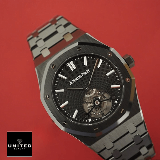 Audemars Piguet Royal Oak Tourbillon 26522CE "Black Ceramic" Pro Clone 1:1 audemars piguet royal oak tourbillon 26522CE.OO .1225CE left Audemars Pig?et Tourbillion Black Dial Steel Bracelet 26522CE.OO_.1225CE Replica red background