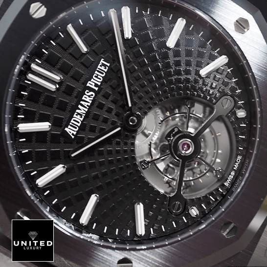 Audemars Piguet Royal Oak Tourbillon 26522CE "Black Ceramic" Pro Clone 1:1 audemars piguet royal oak tourbillon 26522CE.OO .1225CE dial Audemars Piguet Tourbillion Black Dial Steel Case Replica close analog view