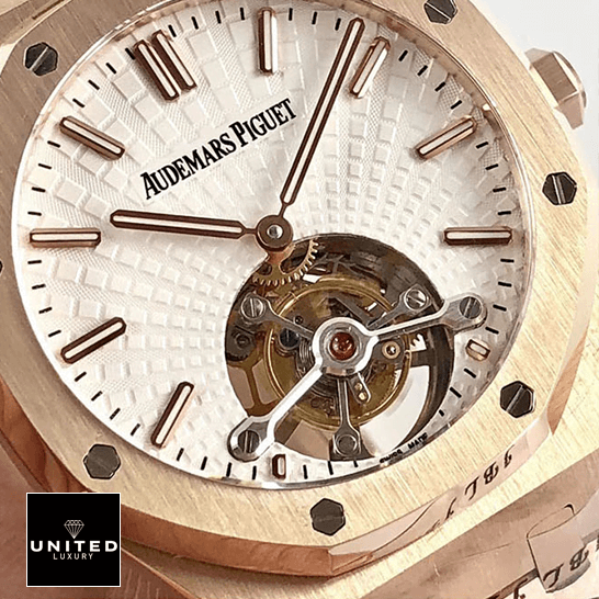Audemars Piguet Royal Oak Tourbillon 26522ST "Skeleton Dial" Luxury Clone Quality audemars piguet royal oak tourbillon white dial 20180803AP004 dial machanisma Audemars Piguet Torubillion White Dial Replica close analog view