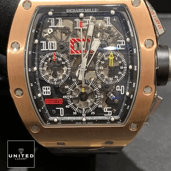 Richard Mille RM 011 "Felipe Massa" Chronograph Premium Duplicate Richard Mille Rose Gold Bezel Black Dial Replica front view