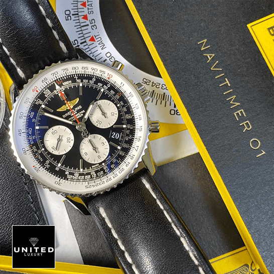 Breitling Navitimer B01 Chronograph 46 AB0127211B1X1 "Black Dial" Signature Copy Edition breitling navitimer B01 black chronograph dial automatic AB0127211B1P2 Breitling Navitimer Black Dial & Leather Bracelet Replica