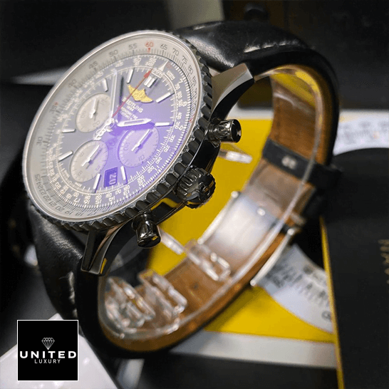 Breitling Navitimer B01 Chronograph 46 AB0127211B1X1 "Black Dial" Signature Copy Edition breitling navitimer B01 black chronograph dial automatic AB0127211B1P2 right Breitling Navitimer Black Dial Replica steel side view