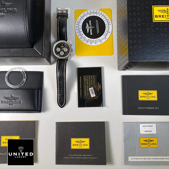 Breitling Navitimer B01 Chronograph 46 AB0127211B1X1 "Black Dial" Signature Copy Edition Breitling Navitimer Black Dial Replica next to warranty card