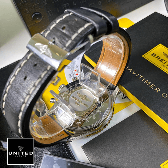 Breitling Navitimer B01 Chronograph 46 AB0127211B1X1 "Black Dial" Signature Copy Edition breitling navitimer B01 black chronograph dial automatic AB0127211B1P2 back Breitling Navitimer Black Leather Bracelet Replica upside view