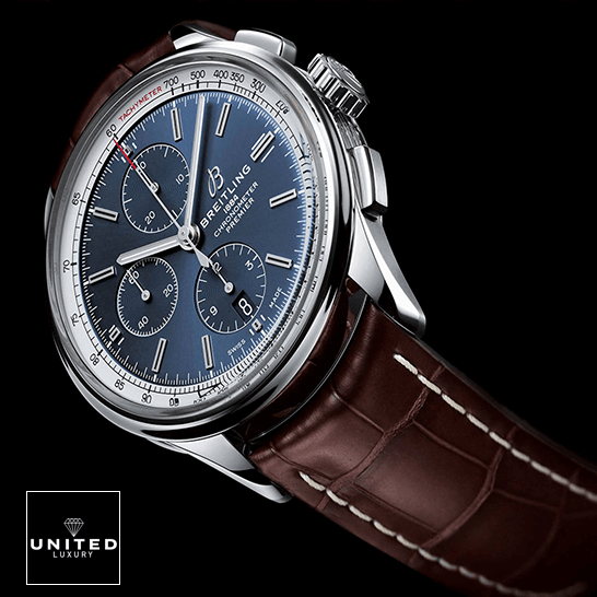 Breitling Premier B01 Chronograph A13315351C1P2 "Blue Dial" Masterpiece Replica Breitling Premier Automatic Blue Dial Replica side view black background