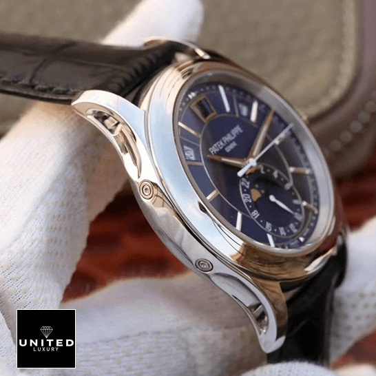 Patek Philippe Annual Calendar 5205G-013 "Blue Dial" Supreme Replica Edition patek philippe complications 5205G 013 replica leftside Patek Philippe Complications Steel Case Black Leather Bracelet Replica on the hand