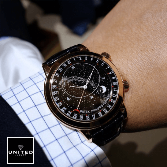 Patek Philippe Grand Complications 6102R-001 "Celestial" Premium Clone Edition Patek Philippe Rose Gold Bezel Black Dial Replica on the man wrist