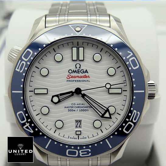 Omega Seamaster Co Ax?al White Dial Blue Bezel Replica in the box