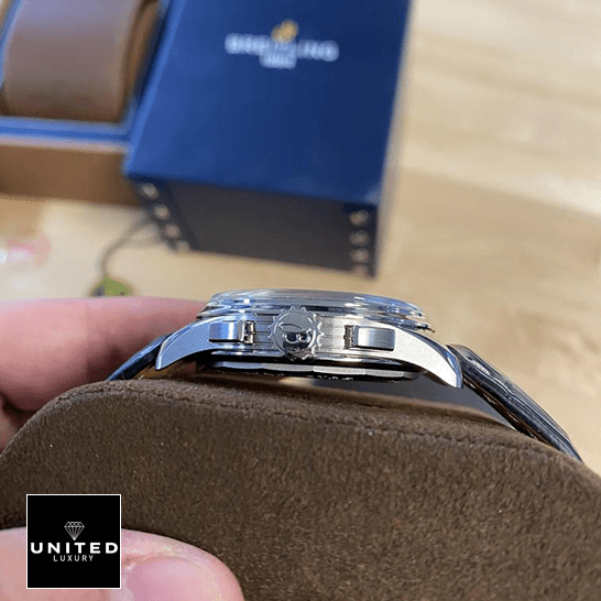 Breitling AB0118221G1P1 Premier Steel Case Replica side view on the stand