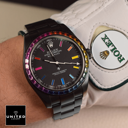 Rolex Milgauss 116400 Rainbow Gem-Set Bezel Replica on his arm