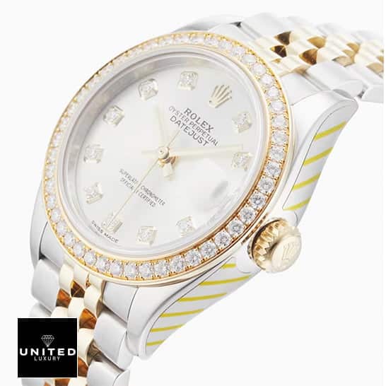 Rolex Lady-Datejust 279383RBR Diamond Bezel Ultra Clone 1:1 rolex 279383rbr replicas Rolex Datejust White Dial Diamond Bezel Replica side view and push button