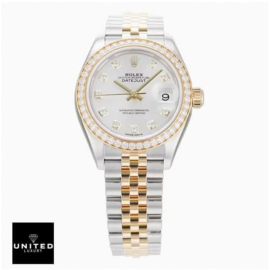 Rolex Lady-Datejust 279383RBR Diamond Bezel Ultra Clone 1:1 rolex 279383rbr replica42 Rolex Datejust Diamond White Dial Replica White background