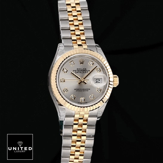 Rolex Lady-Datejust 279173 Silver Diamond Dial Deluxe Replica Edition Rolex Datejust 279173 Jubilee Bracelet Replica black background
