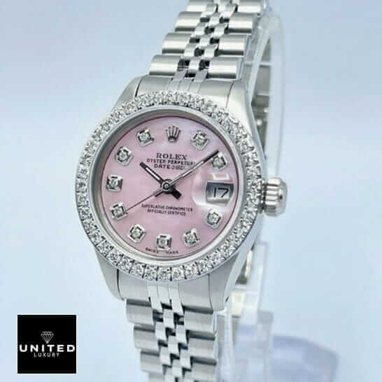 Rolex Datejust Pink Diamond Dial Jubilee Replica on the white stand