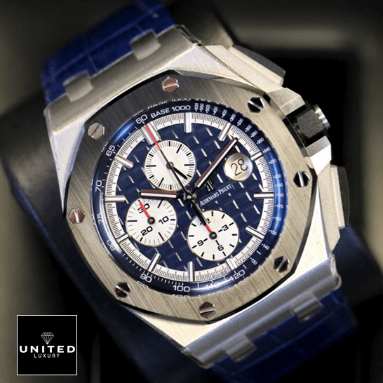 Audemars Piguet Royal Oak Offshore 26401PO Exceptional Replica 1:1 audemars piguet royal oak offshore novelty left Audemars Pguet Offshore Blue Dial Replica on the stand