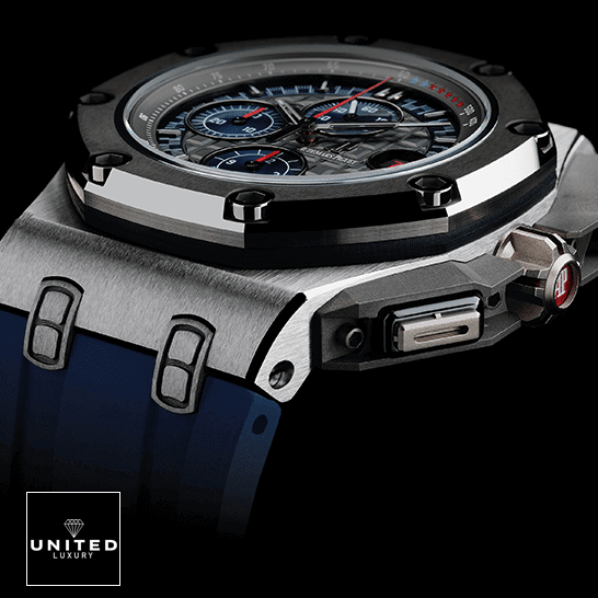 Audemars Piguet Royal Oak Offshore 26568PM.OO.A021CA.01 "Michael Schumacher" 1:1 Clone Edition audemarspiguet royaloakoffshore 26568PM.OO .A021CA.01 replica bezel Audemars Piguet Royal Oak Steel Case Blue Rubber Bracelet Replica black background