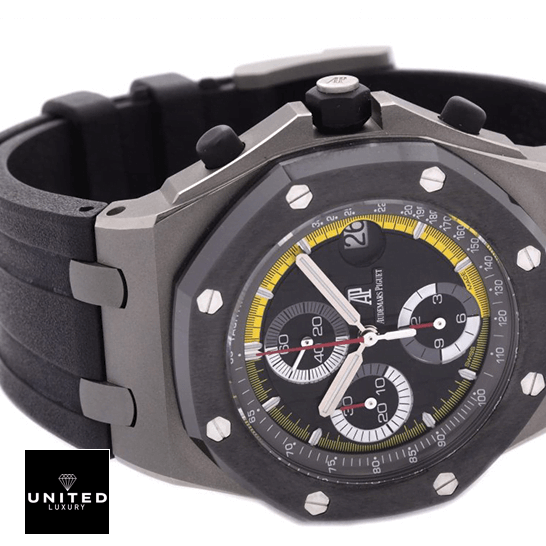 Audemars Piguet Royal Oak Offshore 26207IO.OO.A002CA.01 "Sebastien Buemi" Mirror Clone Quality audemarspiguet royaloakoffshore 26207IO.OO replica 42mm Audemars Piguet Royal Oak Black Yellow Dial Replica white background