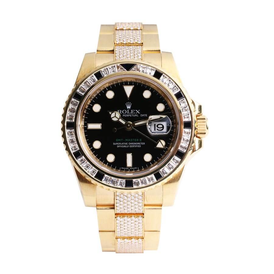 116748SANRyellowblackdial.jpg Rolex GMT-Master II 116748SANR “Iced Out” Luxury Clone Quality - Image 1