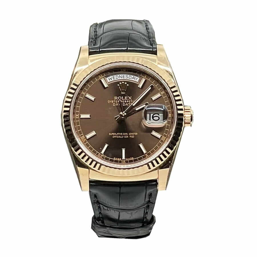 Rolex-Day-Date-118-139-Brown-Dial-black-Leather-.jpg Rolex Day-Date 128238 “Black Leather” Super Accurate Clone - Image 1