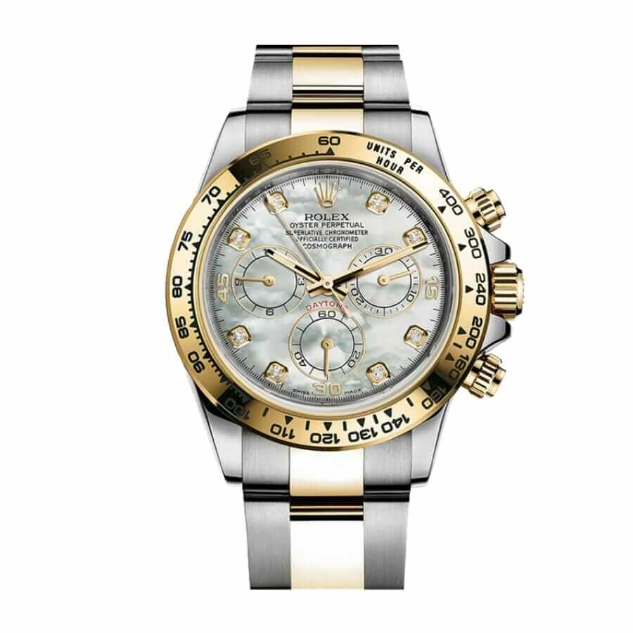 rolex-daytona-116523-mother-of-pearl-diamond-dial-two-tone.jpg Rolex Daytona 116500LN “Mother of Pearl” Premium Clone Replica - Image 1